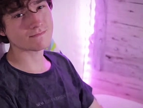 Hot twink Emmanuel Kokichi jerking his cute uncut cock with oil until he shoots a nice cum load