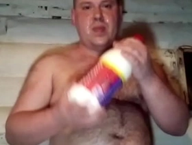 Russian gay planted his huge round ass on a bottle of milk)))